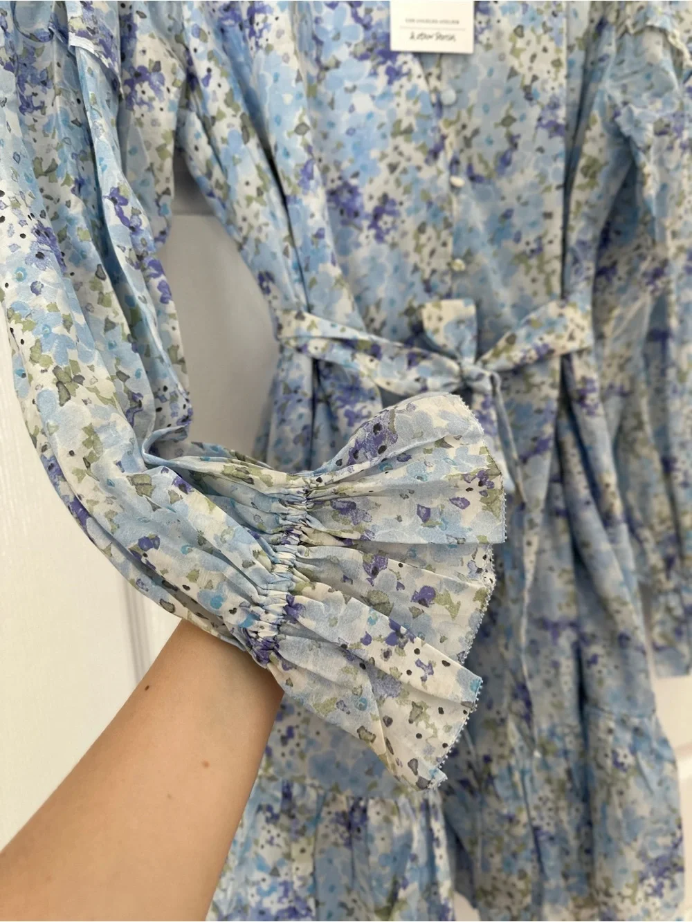 & Other Stories Silk Blue Floral Tie-Waist Mini Dress